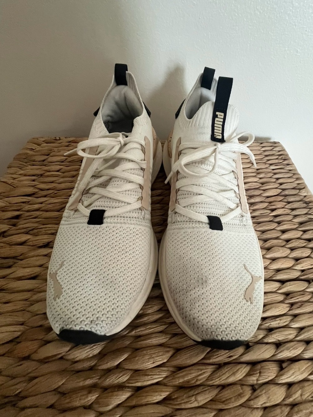 Puma White and Beige Knit Athletic Sneakers